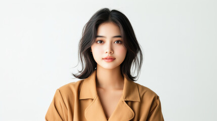 Effortless charm of young woman in neutral color outfit, showcasing natural beauty and confidence.