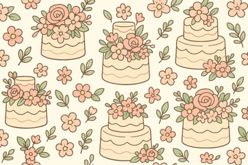Charming hand drawn seamless pattern of tiered cakes and flowers in soft pastel colors