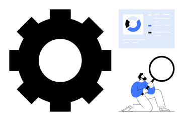 Large gear next to data dashboard and kneeling person holding magnifying glass. Ideal for process optimization, analytics, teamwork, innovation, research, problem-solving, and strategy. Simple flat
