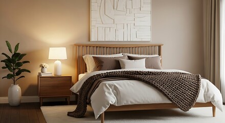 Cozy bedroom with modern decor wooden bed with lamp, and art  a houseplant.