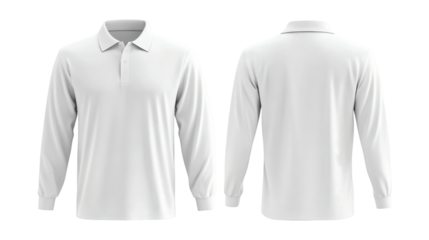 Plain White Long Sleeve Polo Shirt Mockup Front and Back Views 3D Rendering on transparent background