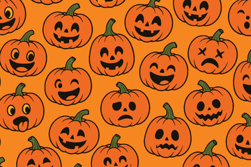 Seamless pattern of hand drawn jack o lantern pumpkins with various funny and spooky expressions on orange background