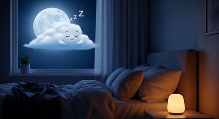 Cozy Bedroom with Sleepy Cloud Moon View with Nighttime Illustration, and Comfort.