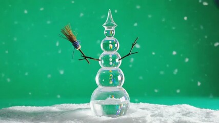 Glass snowman with broom arm and twig arms on snow with green background and snow falling christmas snowman green screen video - Powered by Adobe