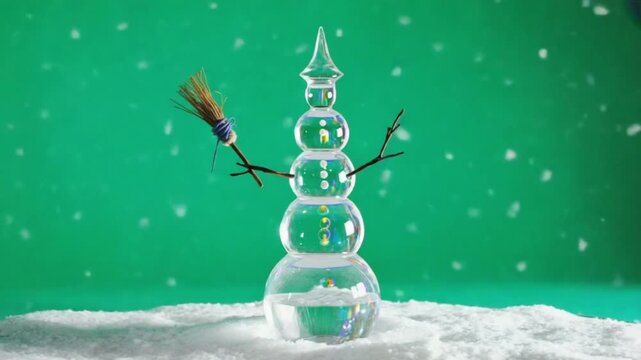 Glass snowman with broom arm and twig arms on snow with green background and snow falling christmas snowman green screen video - Powered by Adobe