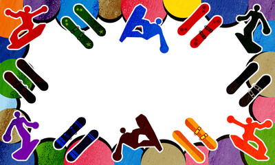 ざらざらの質感、滑る選手のシルエット等でデザインした冬のスポーツのスノーボードのイラストのフレーム、背景