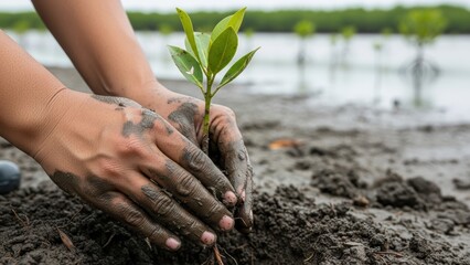 Hands planting a mangrove seedling in wet coastal mud.