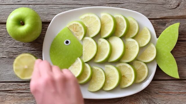 A visually appealing arrangement of fruit slices, forming a fish shape on a white plate.