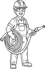 A black and white cartoon illustration of a friendly worker in a hard hat holding a coiled hose.