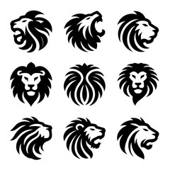 Nine black and white stylized lion head graphics arranged in three rows