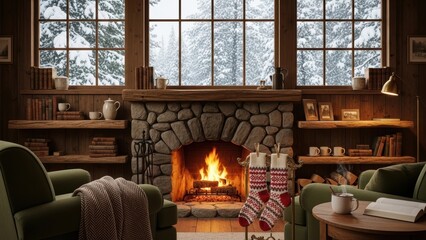 Cozy Christmas living room with a fireplace and stockings.