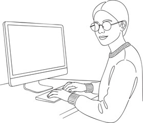 A black and white line art illustration of a person with glasses working at a desktop computer.