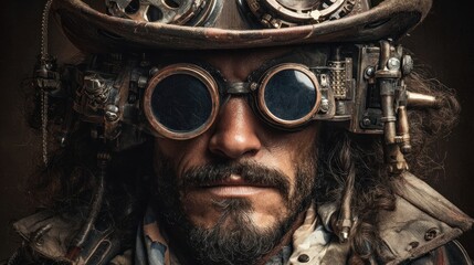 Portrait of a man wearing steampunk goggles and hat with complex gear details