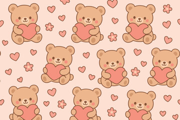 Obraz premium Cute kawaii teddy bears holding pink hearts seamless pattern background