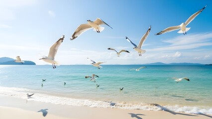 Fototapeta premium Seagulls over the Shore-A flock of seagulls flying low over clear water at a tropical beach near Kota Kinabalu