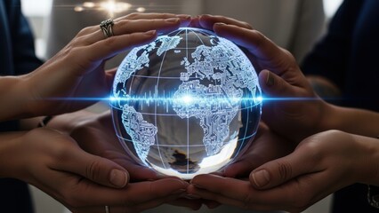 Multiple pairs of hands holding a crystal globe showing a glowing circuit board map of the world.