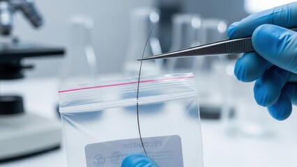 A forensic scientist using tweezers to place a hair sample into an evidence bag.