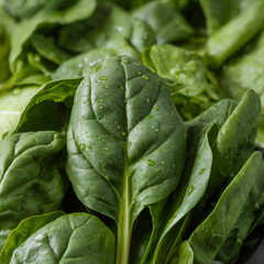 Background from fresh green spinach leaves with water drops. Texture of raw organic baby spinach close up. Food background