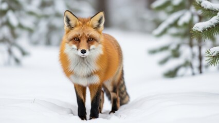 Fototapeta premium A majestic red fox standing in a snowy forest looking directly at the camera.