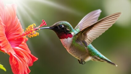 Fototapeta premium A ruby-throated hummingbird feeding from a red hibiscus flower with sun rays in the background.