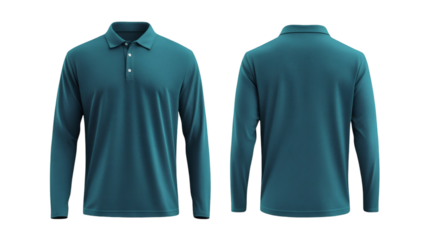 Plain Teal Long Sleeve Polo Shirt Mockup Front and Back Views 3D Rendering on transparent background