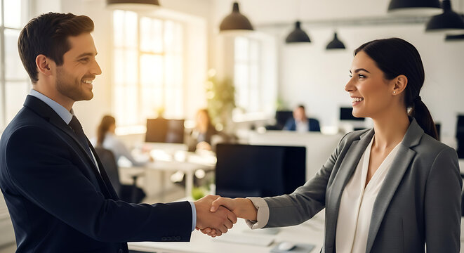 Two colleagues shaking hands after successful meeting, blurred background of open-plan office, warm professional mood