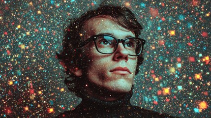 Thoughtful man with glasses looking up against a sparkling transparent background