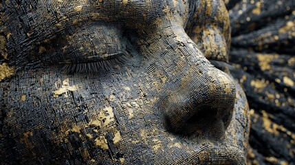 Abstract human face portrait with digital texture and golden accents