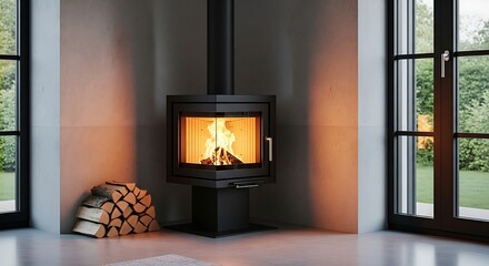 Cozy Fireplace with Burning Logs, Corner Interior, Modern Home, Warm Glow, and Tranquil Scene.