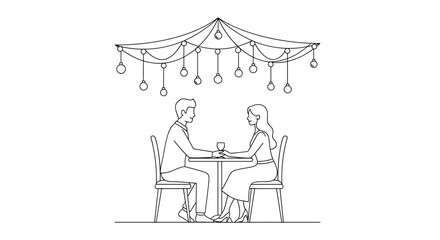 Vector couple at dinner under string of lights in line drawing style illustration with wine glass present