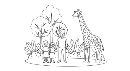 Vector family with two girls and giraffe standing near trees and plants in a line drawing illustration
