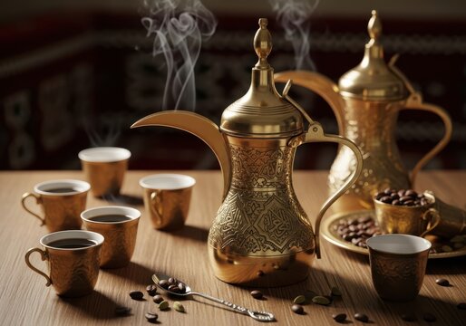 Traditional arabic coffee pot dallah with small golden cups and coffee beans, signifying hospitality