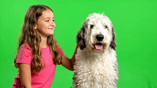 Happy Young Girl Petting Fluffy Sheepdog in Studio Against Green Screen Chroma Key Background Best Friends Bonding