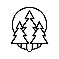 Vector art of three pine trees in a forest with a full moon, representing nature, wilderness, and the outdoors in a simple line drawing