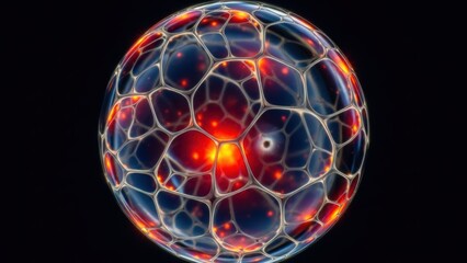 An abstract 3D render of a sphere with a cellular or bubble structure containing glowing red energy.