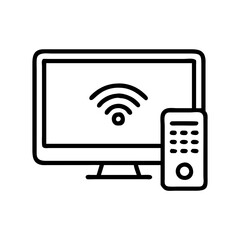 Vector art of minimalist line art of a smart tv with remote control, representing modern home entertainment and technology
