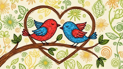 Obraz premium Two colorful lovebirds on a heart-shaped branch.
