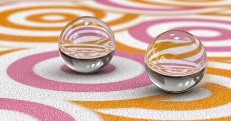 Two clear spheres on a pink and orange background. The spheres are reflecting the surrounding colors