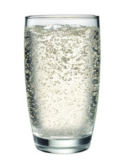 A refreshing glass of sparkling water with effervescent bubbles.
