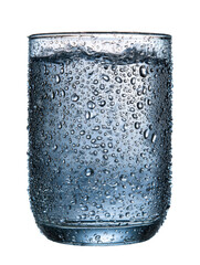 Close-up of a glass of water with condensation droplets.