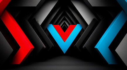 Black and white image of a room with blue and red arrows. The room is empty and the arrows are the only decoration