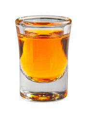 A shot of amber liquid in a clear glass, isolated on a black background.