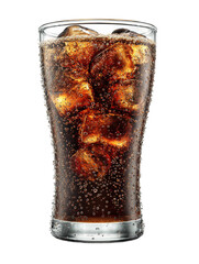 Refreshing glass of cola with ice cubes on a black background.