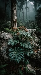 Lush green plant is growing on a rock in a forest. The plant is surrounded by other plants and trees