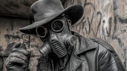Man in gas mask and hat poses with transparent background for concept use