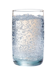 A refreshing glass of sparkling water with bubbles, isolated on a black background.