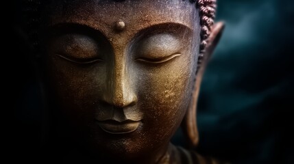 Statue of a Buddha with a serene expression. The statue is made of gold and has a gold face