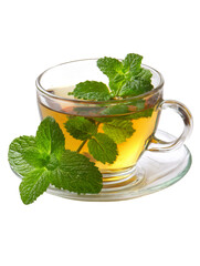 Fresh mint tea in a clear glass cup, a refreshing and healthy beverage.