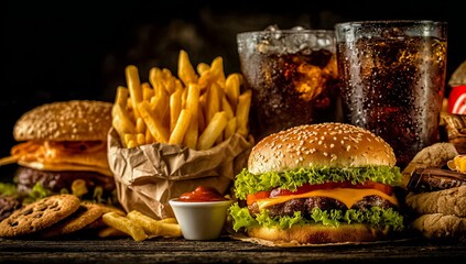 Table is set with a variety of food and drinks, including a burger, fries, and a soda