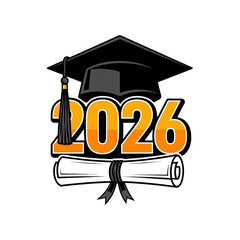 Graduation cap and tassel with year 2026 text isolated on transparent background